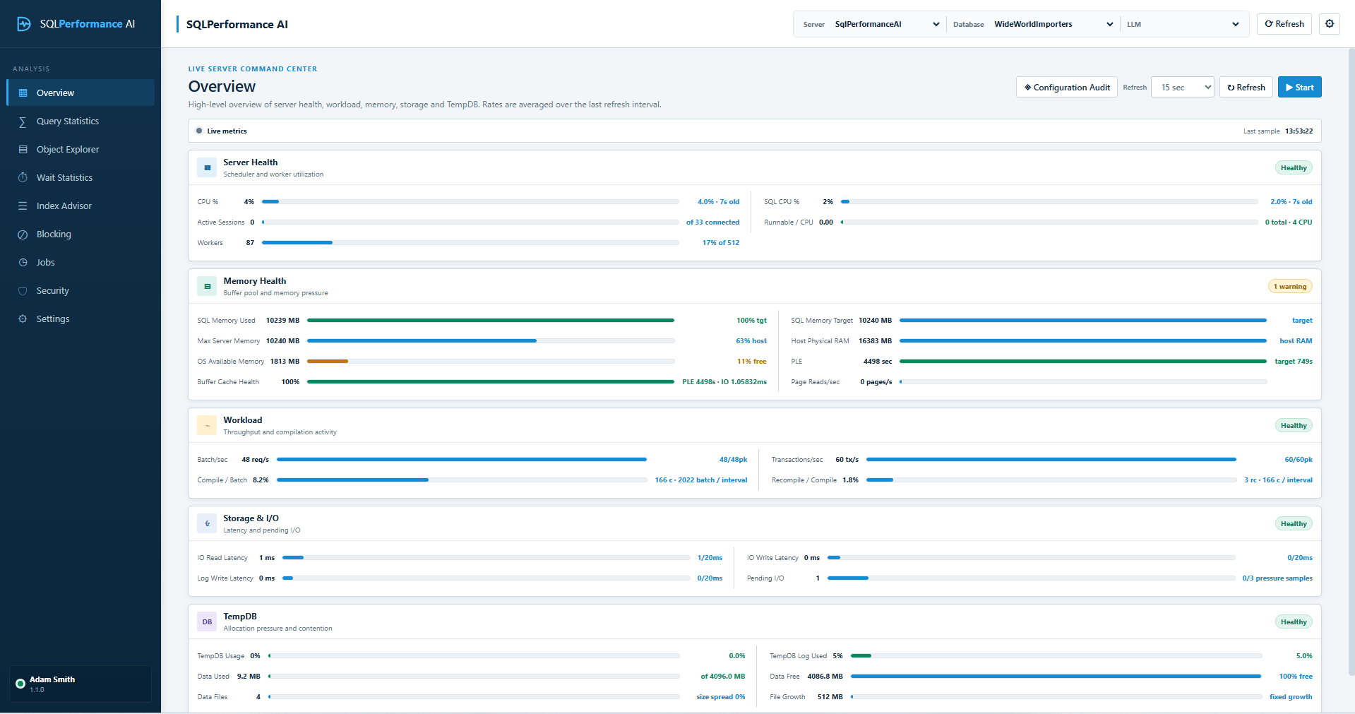 SQLPerformance AI Overview screen with the module sidebar and Server Health, Memory Health, Workload, Storage & I/O and TempDB panels for a SQL Server instance