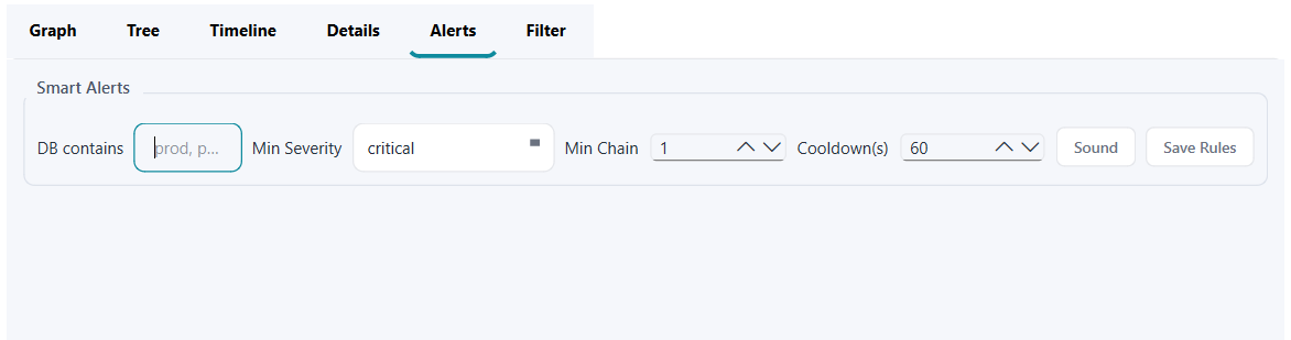 Blocking Analysis alerts tab showing smart alert controls for database match, minimum severity, chain count, cooldown, and sound
