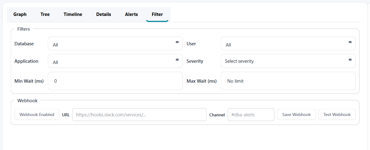 Blocking Analysis filter tab showing database, user, application, severity, wait controls, and webhook configuration