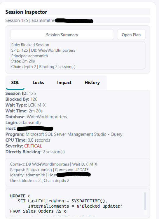 Blocking Analysis session inspector SQL tab showing session summary, wait details, and SQL text for a blocked session