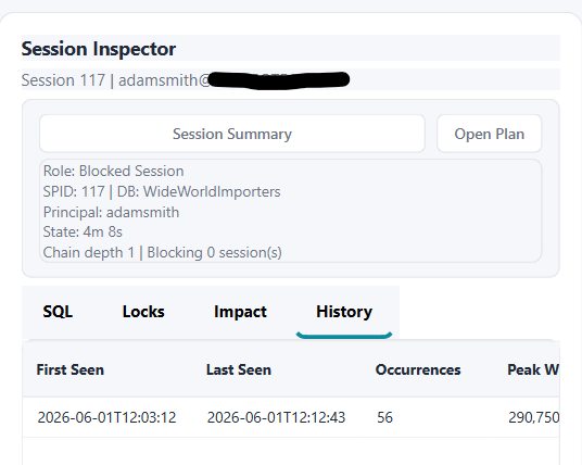Blocking Analysis history tab showing first seen, last seen, occurrences, and peak wait for a recurring blocker