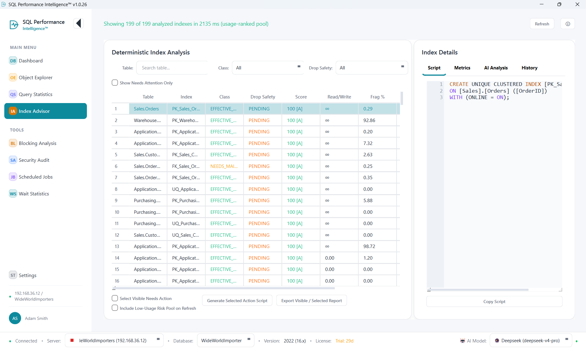 Index Advisor main screen showing deterministic index analysis table, filters, detail tabs, and action buttons
