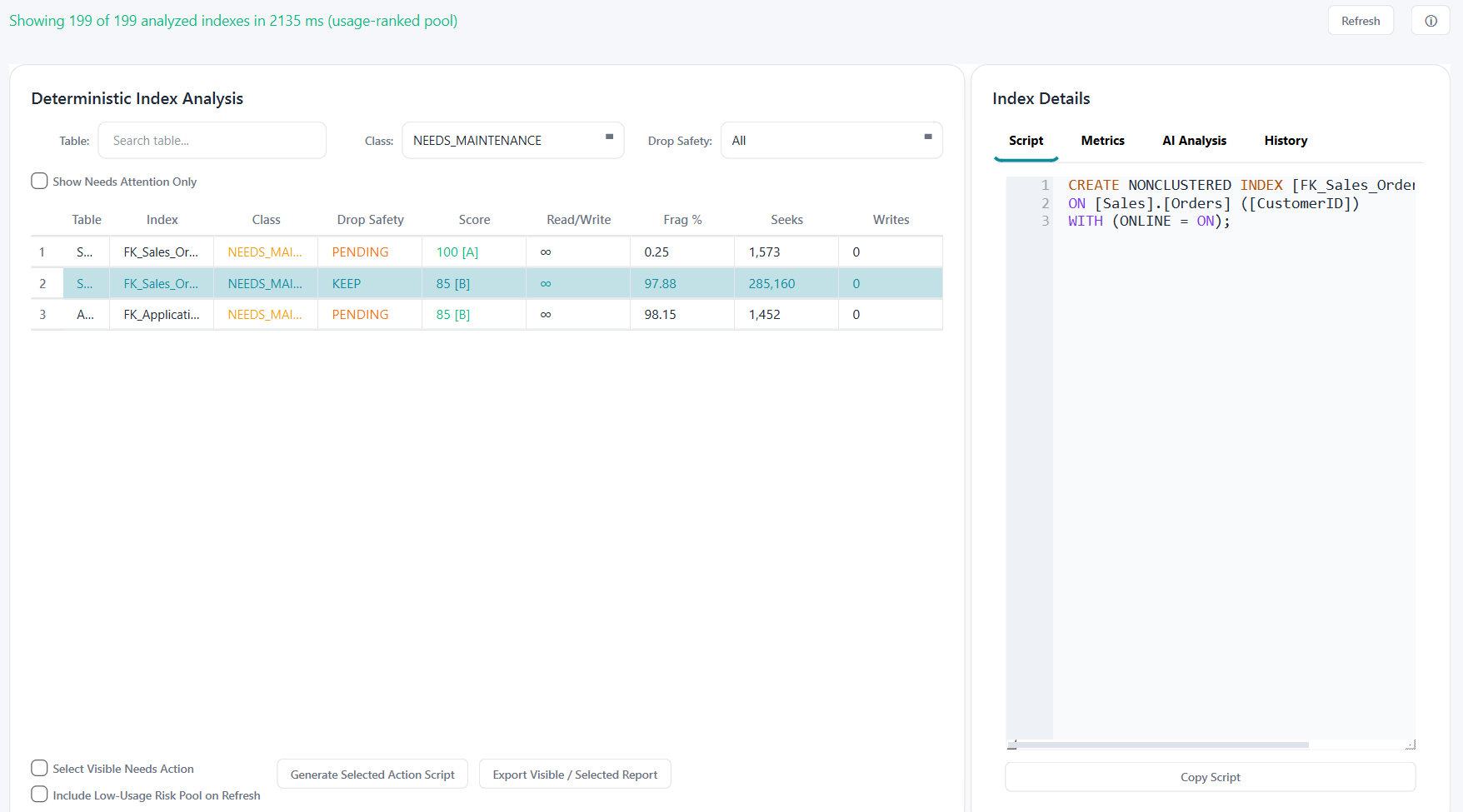 Index Advisor Script tab showing reconstructed create index statement for a selected index
