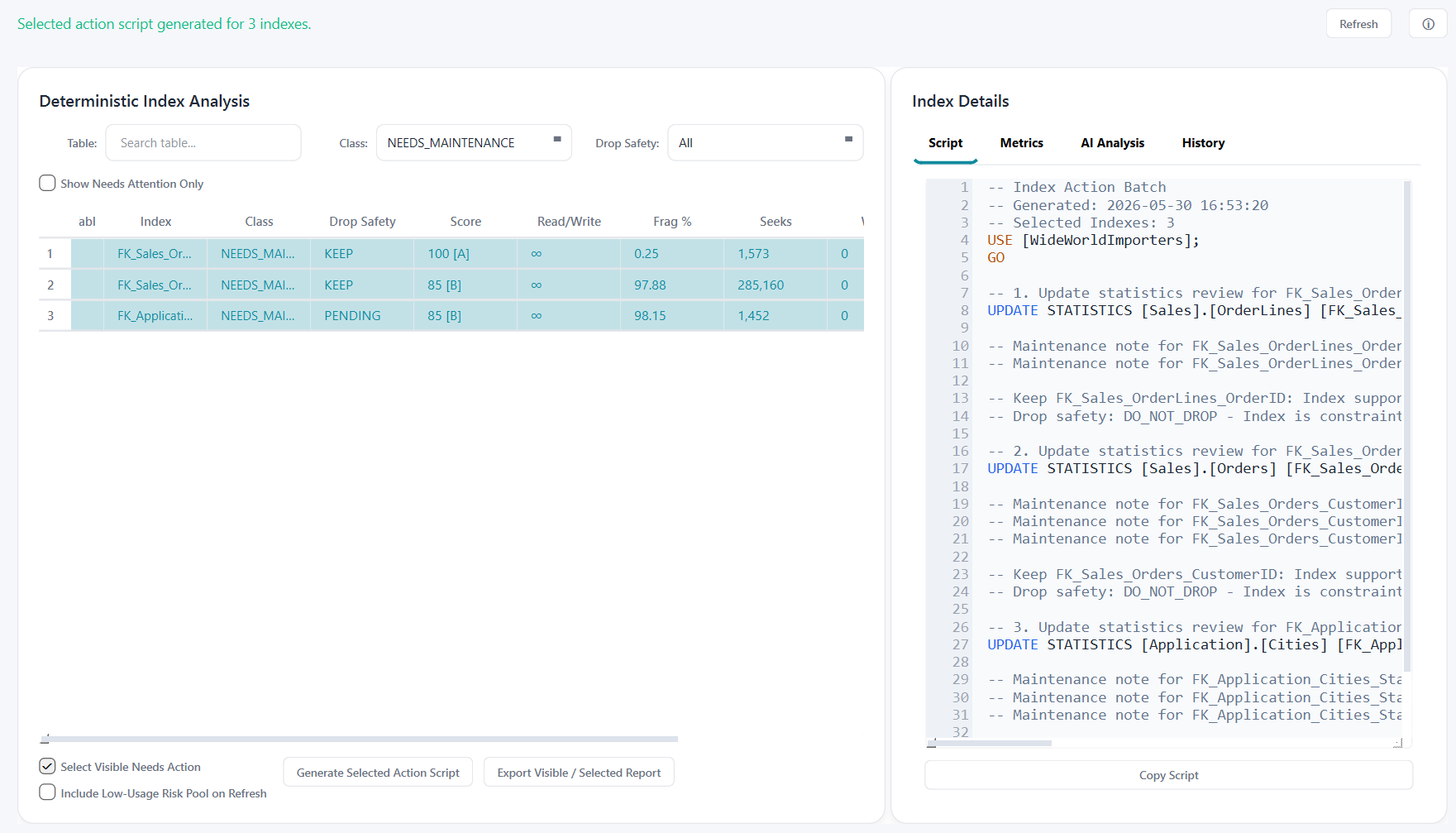 Index Advisor batch action script generation showing selected maintenance candidates and generated SQL review script