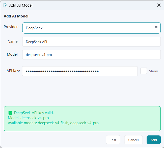 Add AI Model screen used to test and save an AI or LLM provider