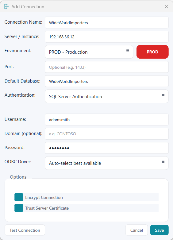Add Connection screen for configuring the first SQL Server connection profile