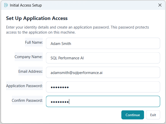 Initial Access Setup screen asking for full name, company name, email address, and application password