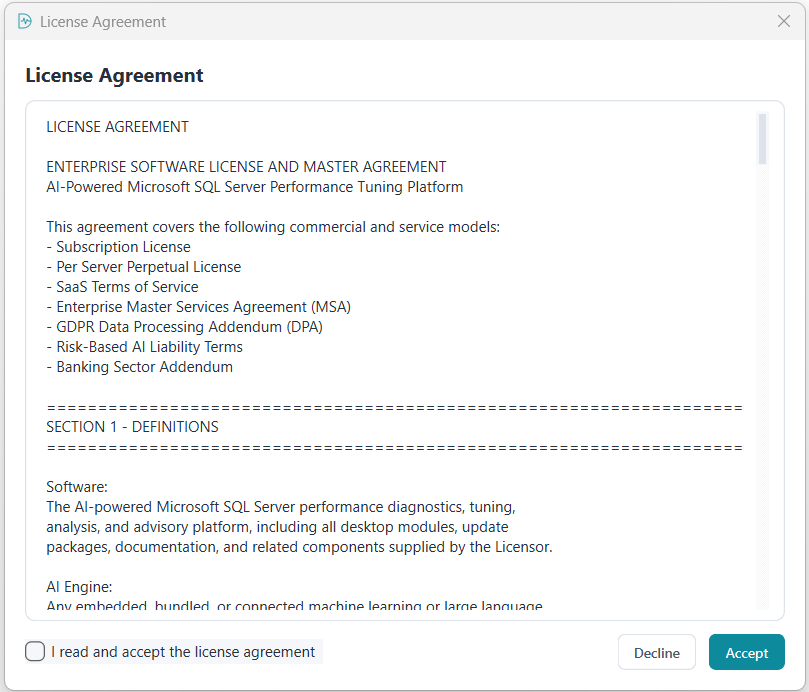 License Agreement screen shown during the first launch of SQL Performance Intelligence