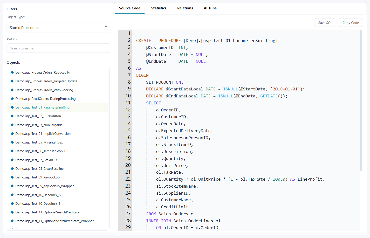 Object Explorer source code view showing object list, filters, and SQL definition for a selected procedure