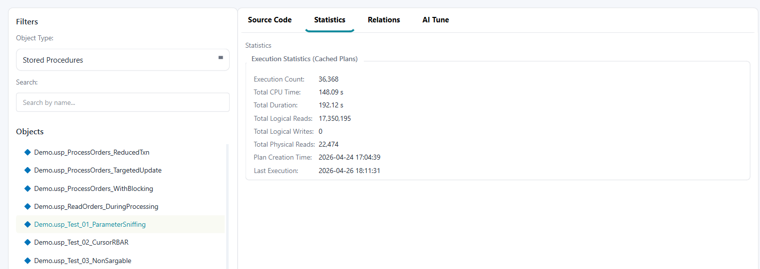 Object Explorer Statistics tab showing cached execution metrics for a selected stored procedure