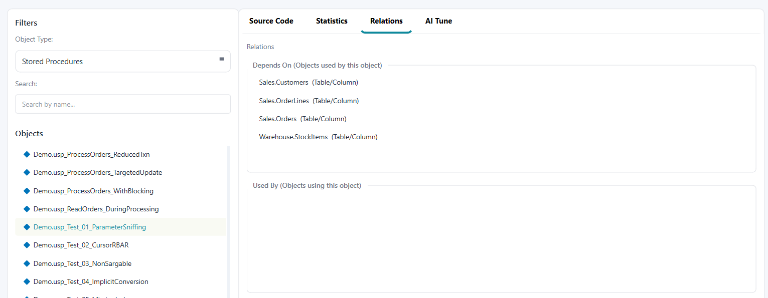 Object Explorer Relations tab showing Depends On and Used By lists for a selected object