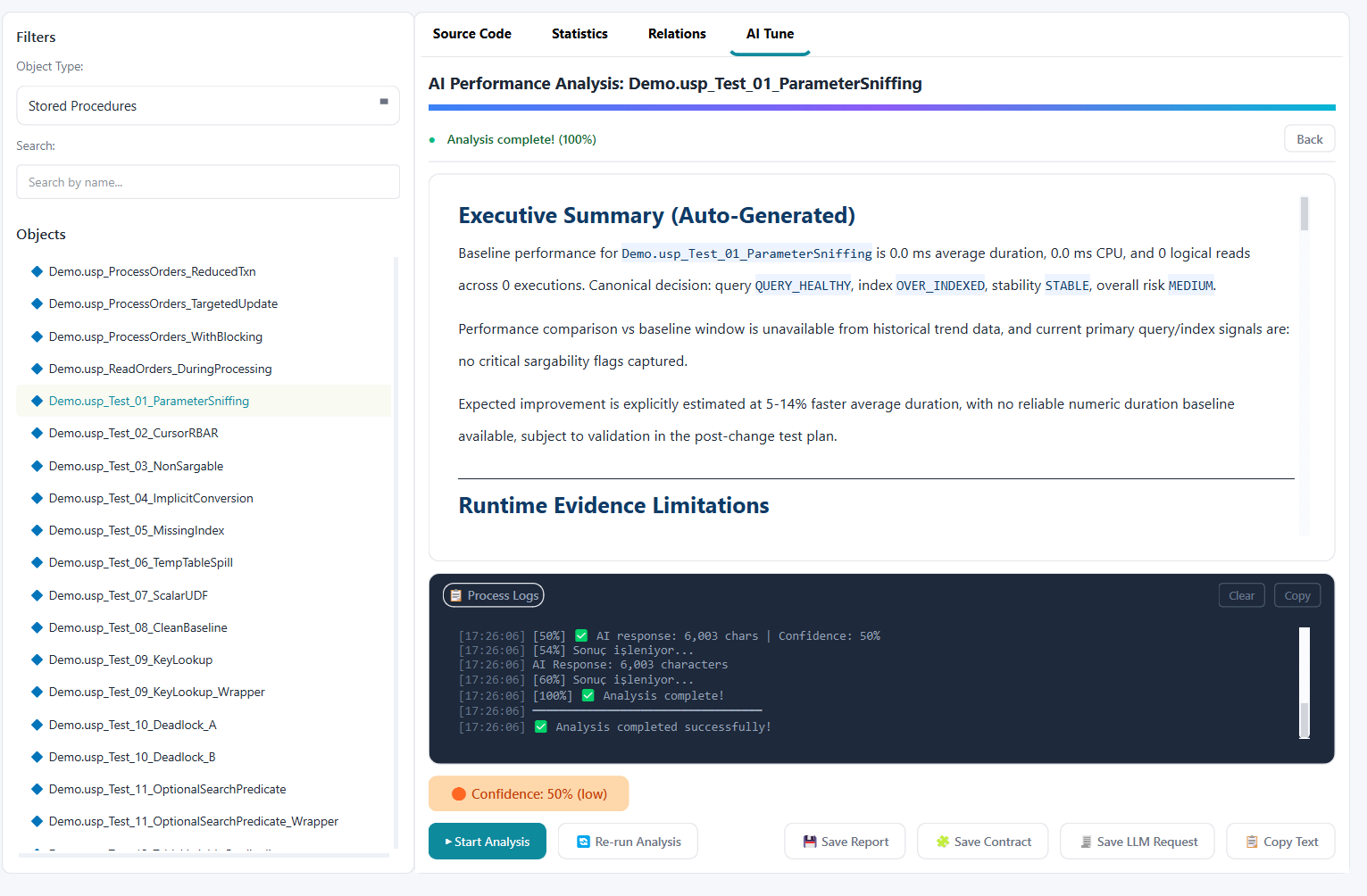 Object Explorer AI Tune results showing executive summary, process logs, confidence badge, and export actions