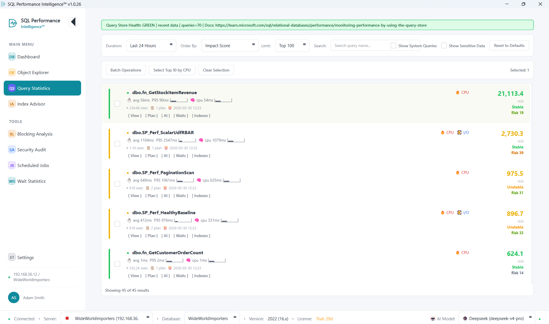 Query Statistics main screen showing Query Store Health, filter toolbar, batch controls, and results list