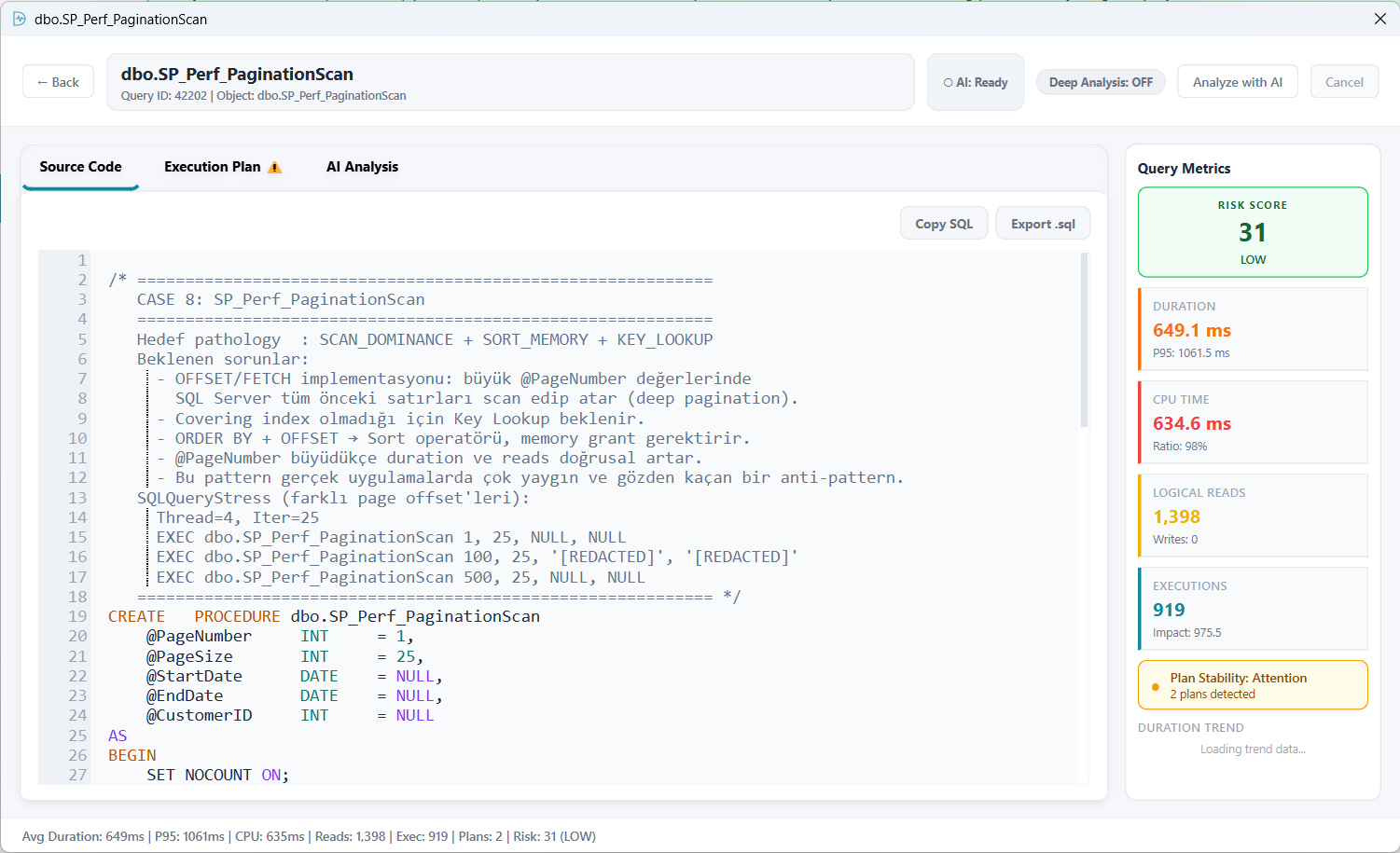 Query Statistics top-impact query detail with runtime metrics