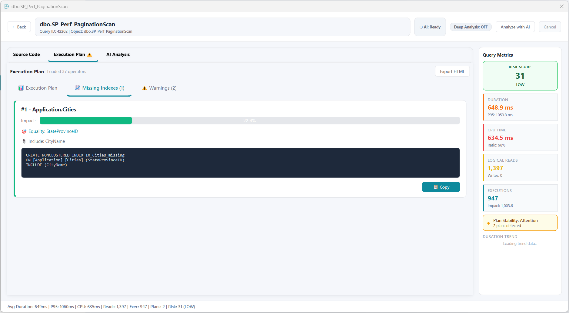 Query Statistics missing indexes view inside the execution plan dialog