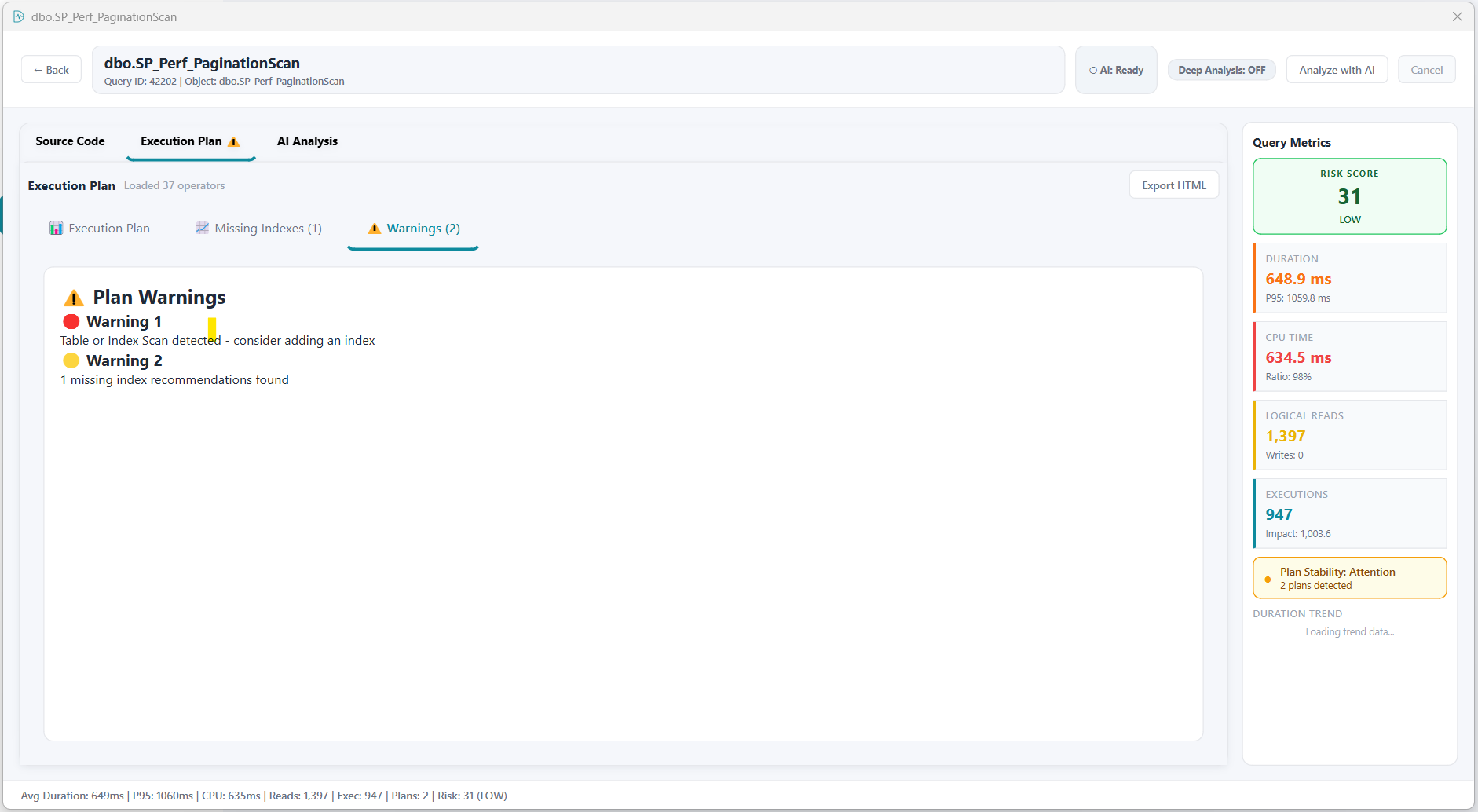 Query Statistics warnings view inside the execution plan dialog