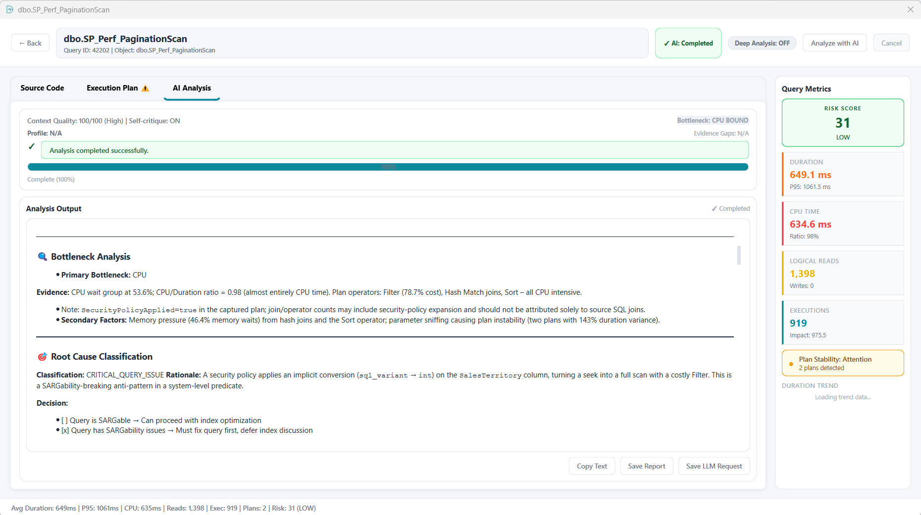 Query Statistics AI Analysis tab showing context quality, bottleneck, progress, and generated report