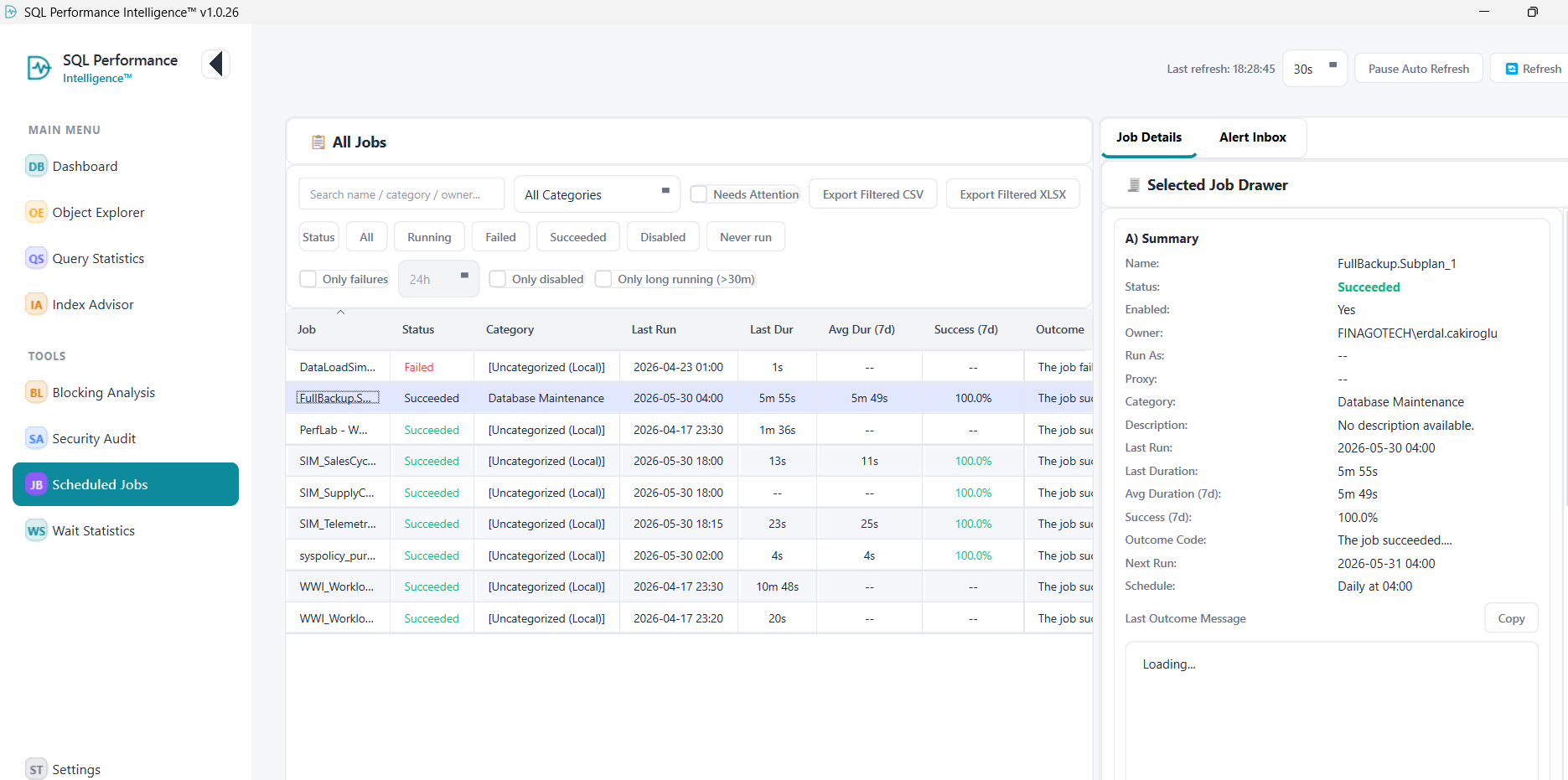 Scheduled Jobs main screen showing jobs table, filters, refresh controls, and selected job details drawer