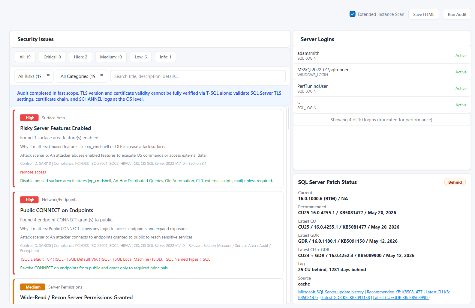 Security Audit main screen showing findings, server logins, patch status, and run audit actions
