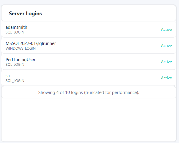 Security Audit server logins panel showing login names, login types, active status, and truncation notice