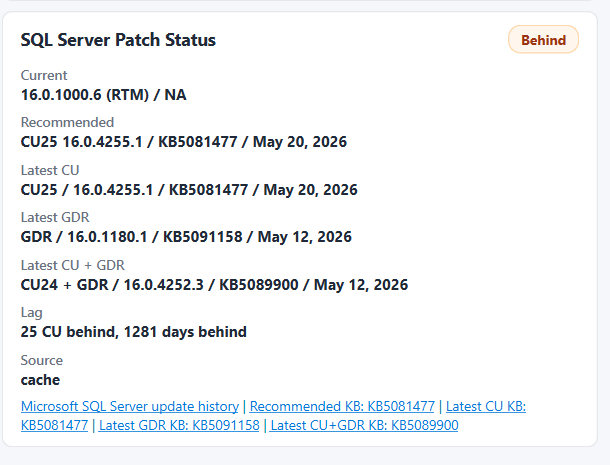 Security Audit patch status card showing current version, recommended updates, and lag summary