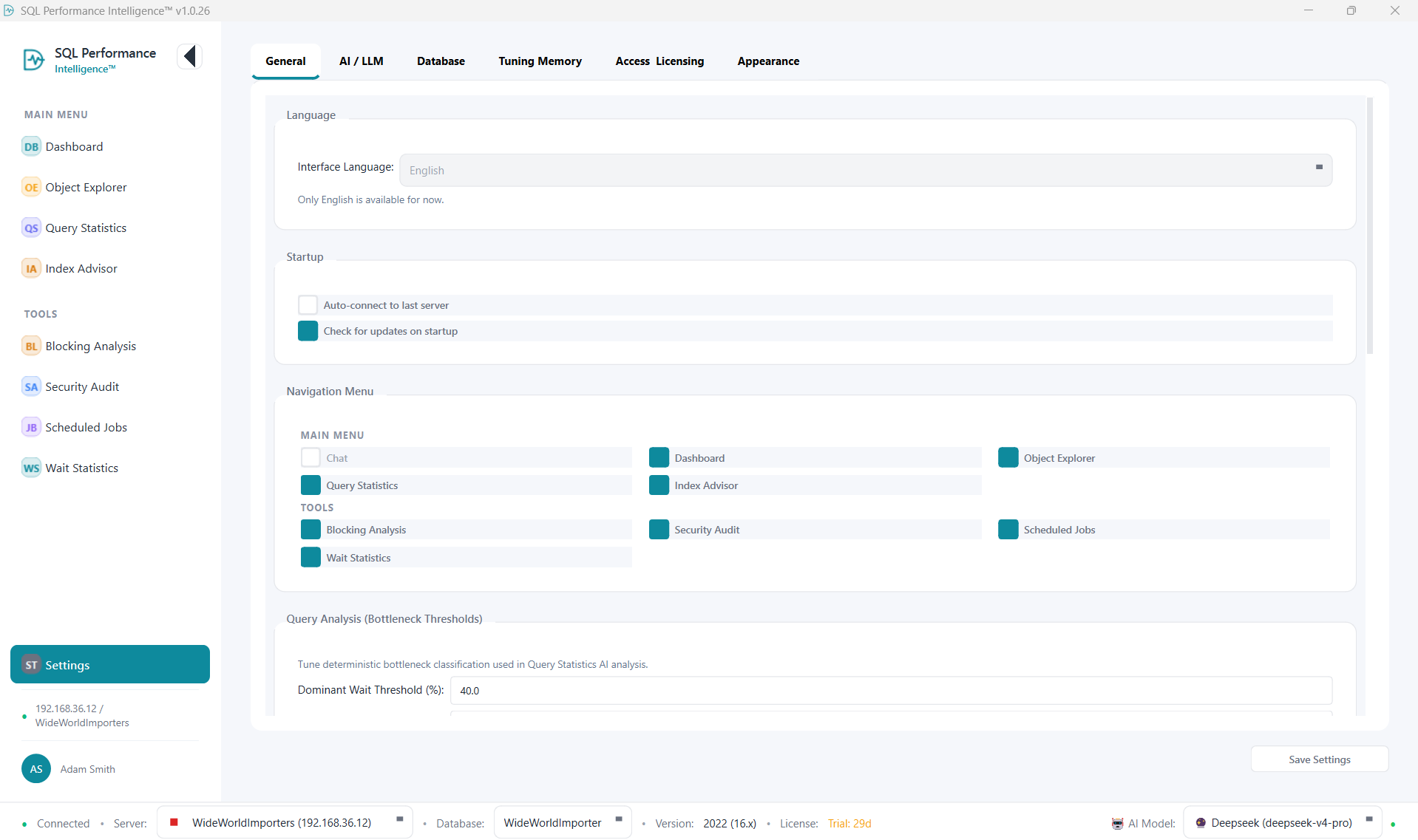 Settings General tab showing language, startup options, navigation menu visibility, and query analysis thresholds
