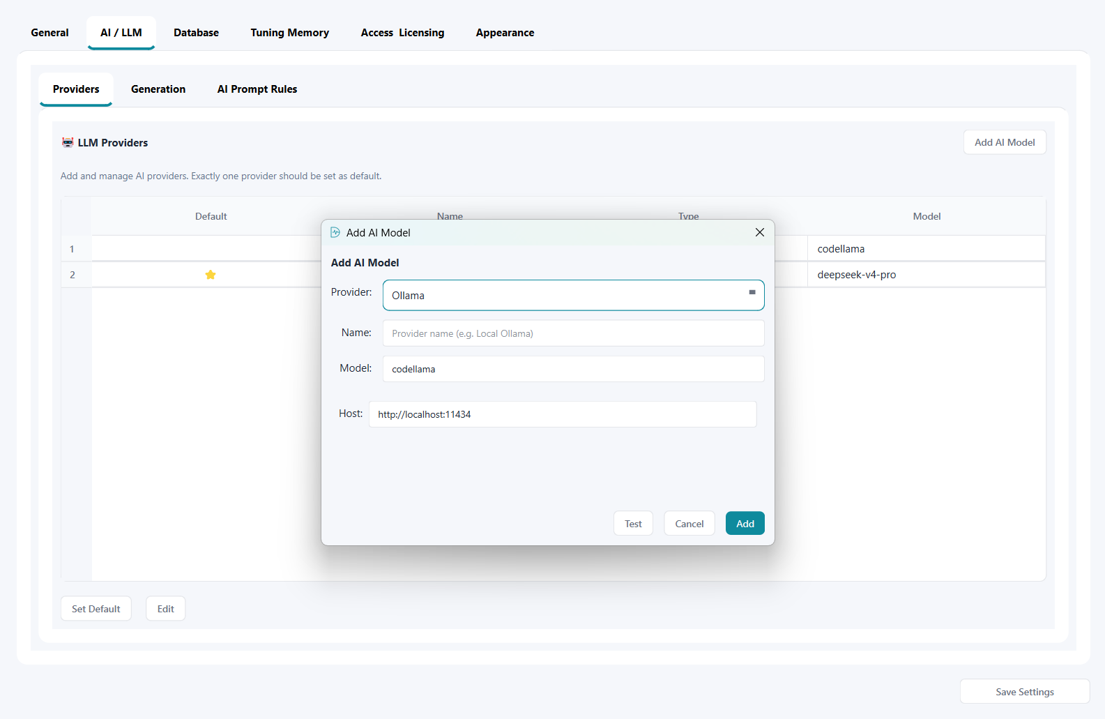 Settings AI and LLM Providers tab showing provider list and Add AI Model dialog