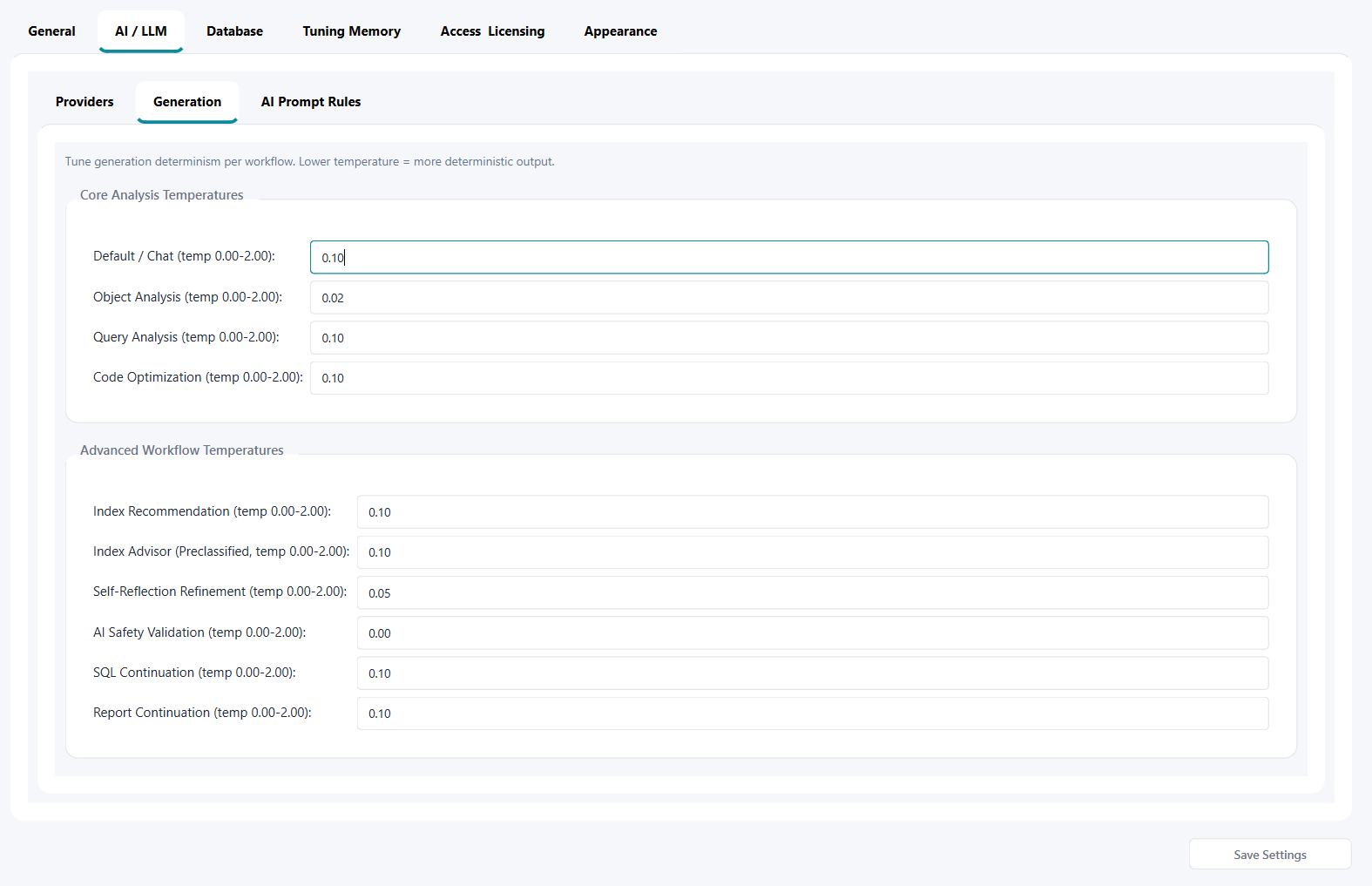 Settings AI and LLM Generation tab showing workflow temperature controls