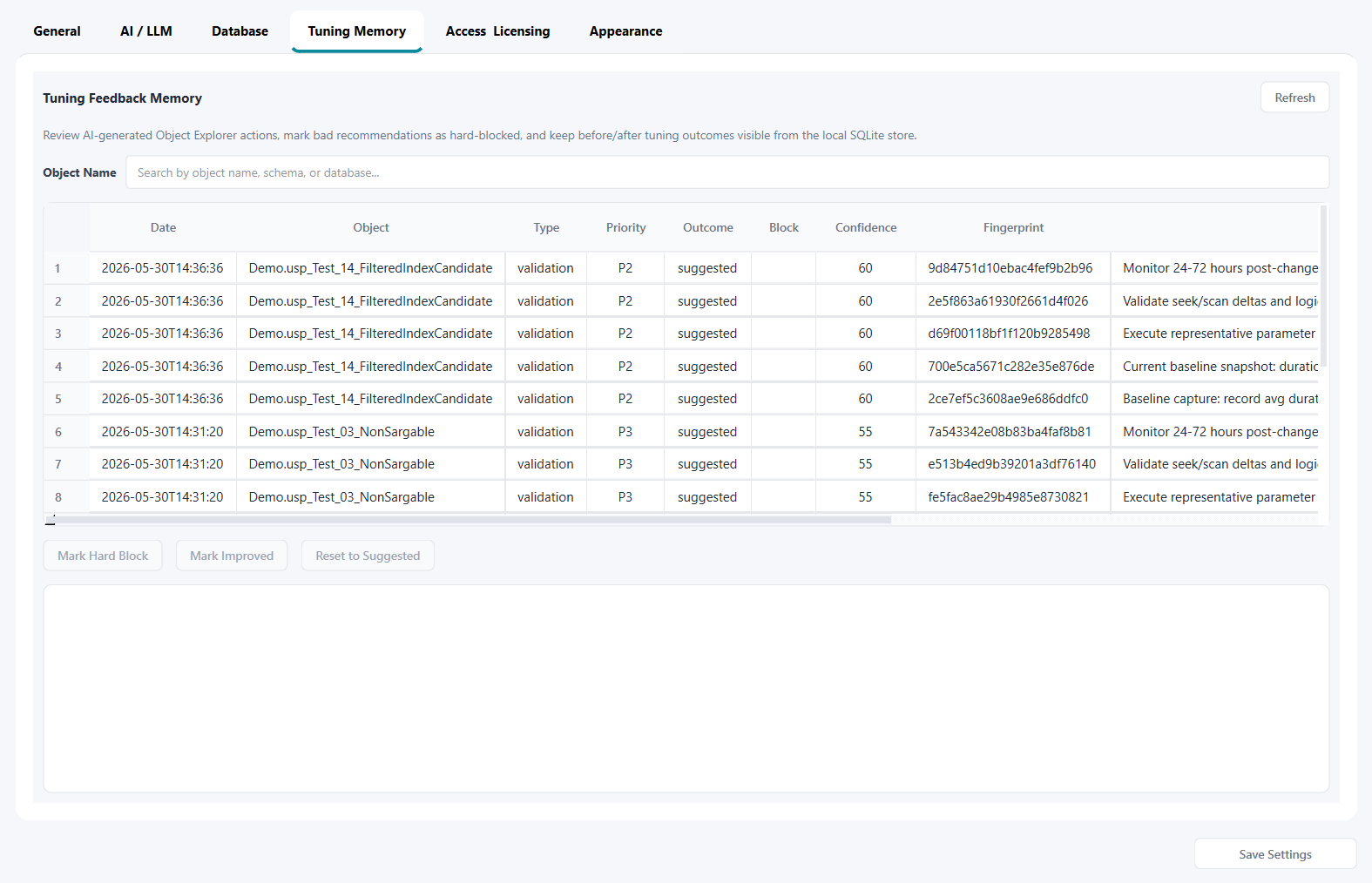 Settings Tuning Memory tab showing review history, confidence, fingerprint, and action state tracking