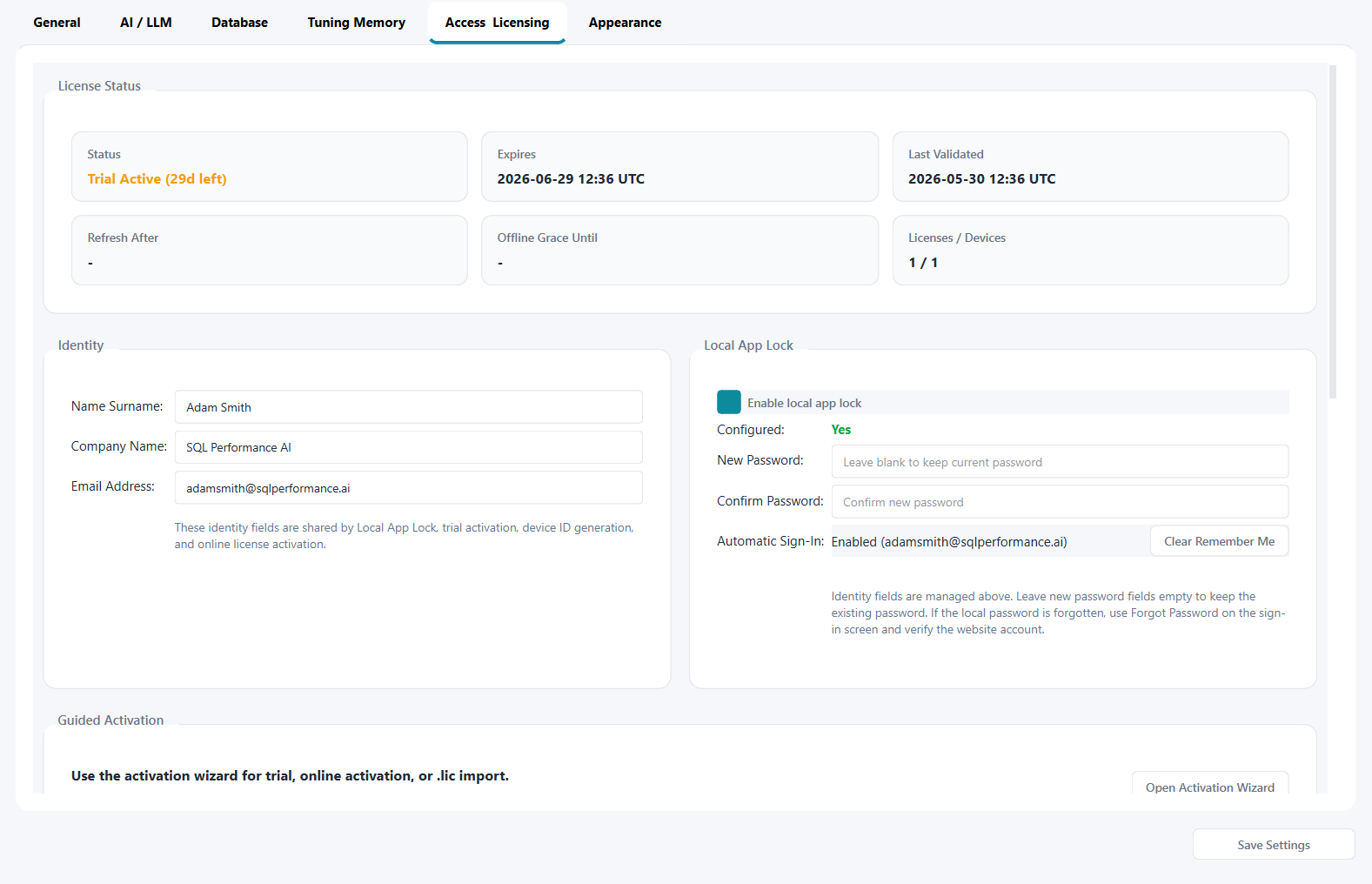 Settings Access Licensing tab showing license status, identity fields, local app lock, and guided activation