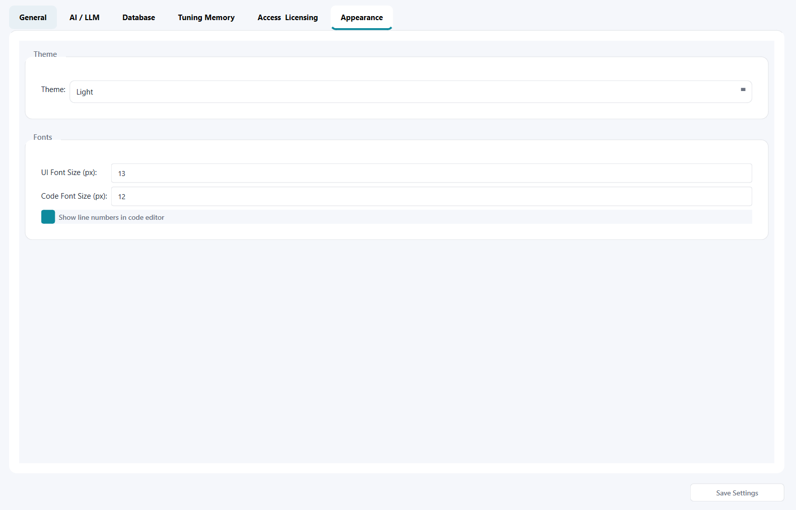 Settings Appearance tab showing theme and font-size preferences