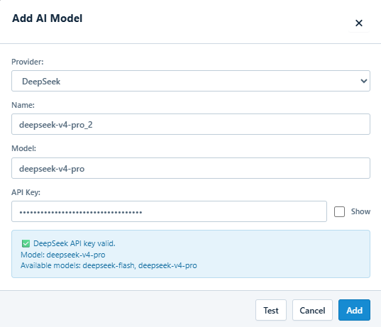 Add AI Model dialog with DeepSeek selected, a masked API key, and a successful key test listing the available models