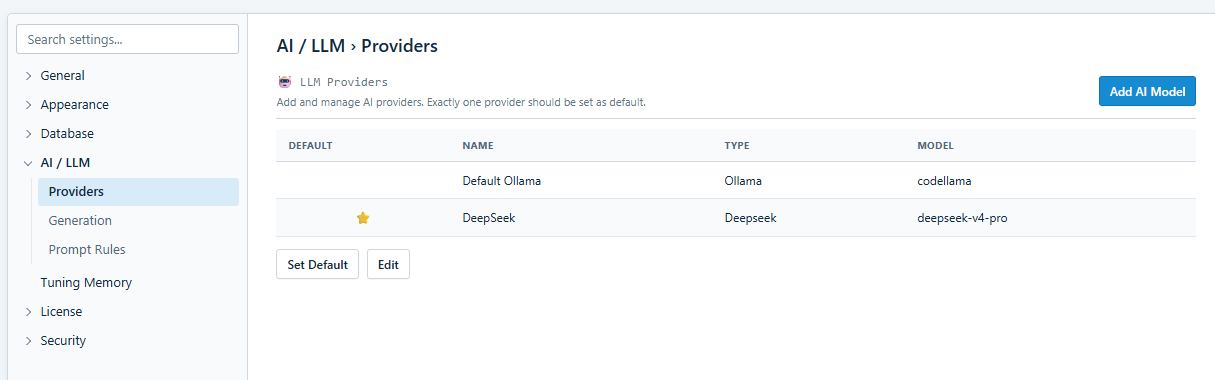Settings AI / LLM Providers page listing Default Ollama and a DeepSeek model marked as default, with Add AI Model, Set Default, and Edit buttons