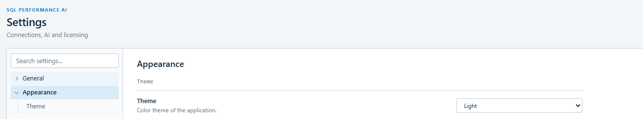 Settings Appearance page with the Theme selector set to Light