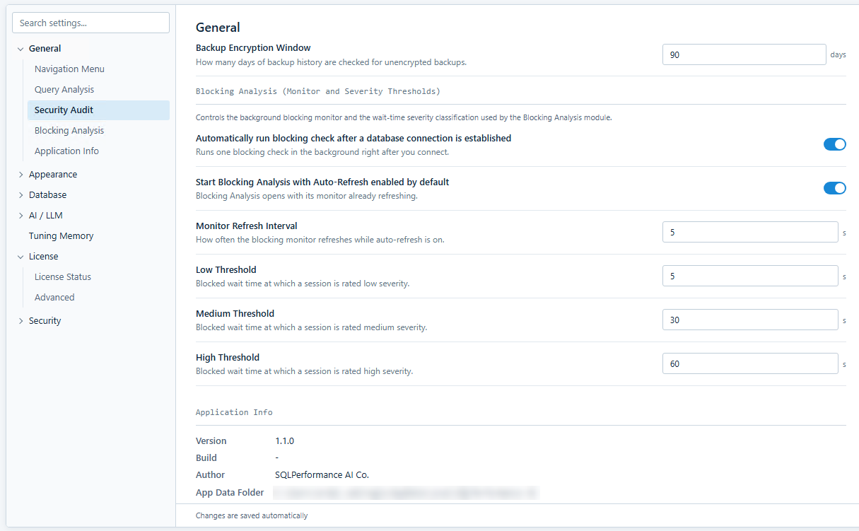 Settings General page showing Backup Encryption Window, the Blocking Analysis monitor switches and severity thresholds, and the top of Application Info with the folder path blurred