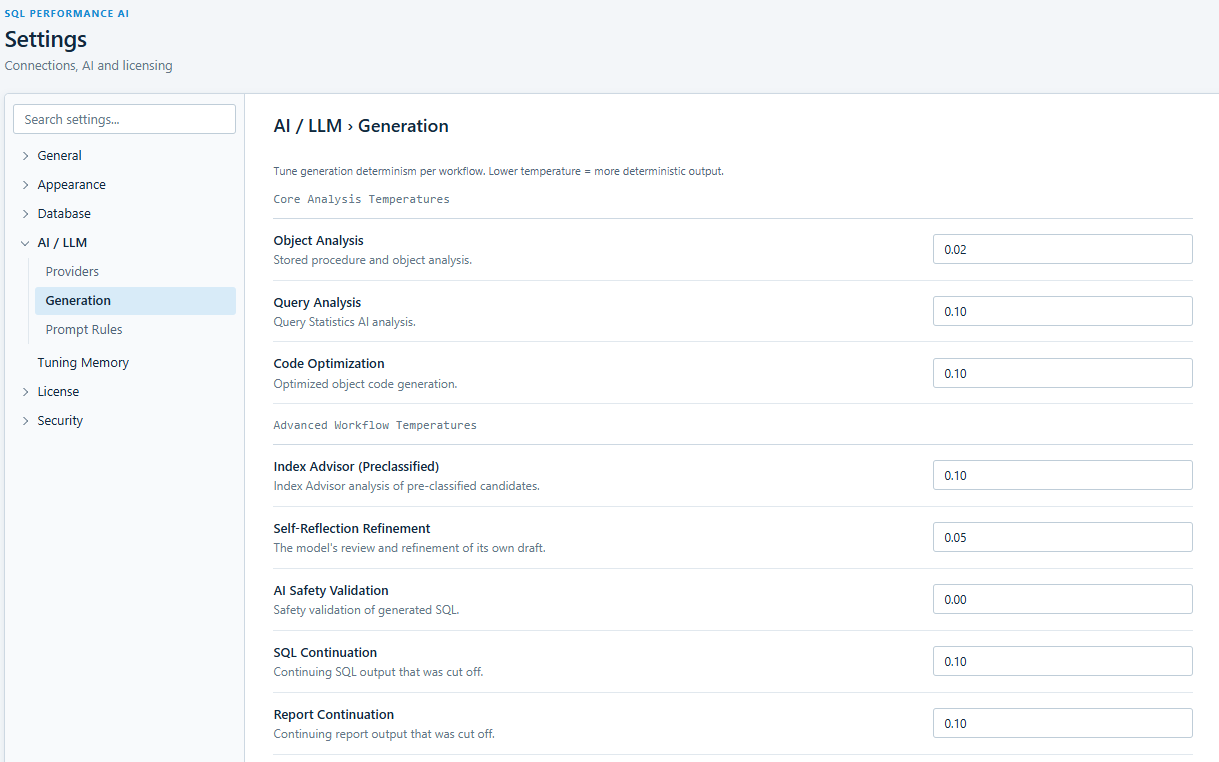 Settings AI / LLM Generation page with core analysis and advanced workflow temperature fields