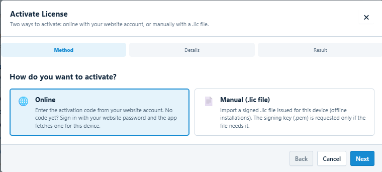 Activate License wizard Method step offering Online activation and Manual .lic file import