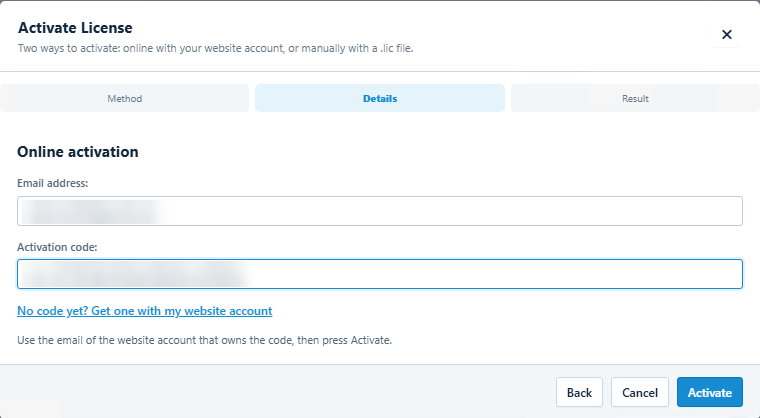 Activate License wizard Details step for online activation with blurred email address and activation code