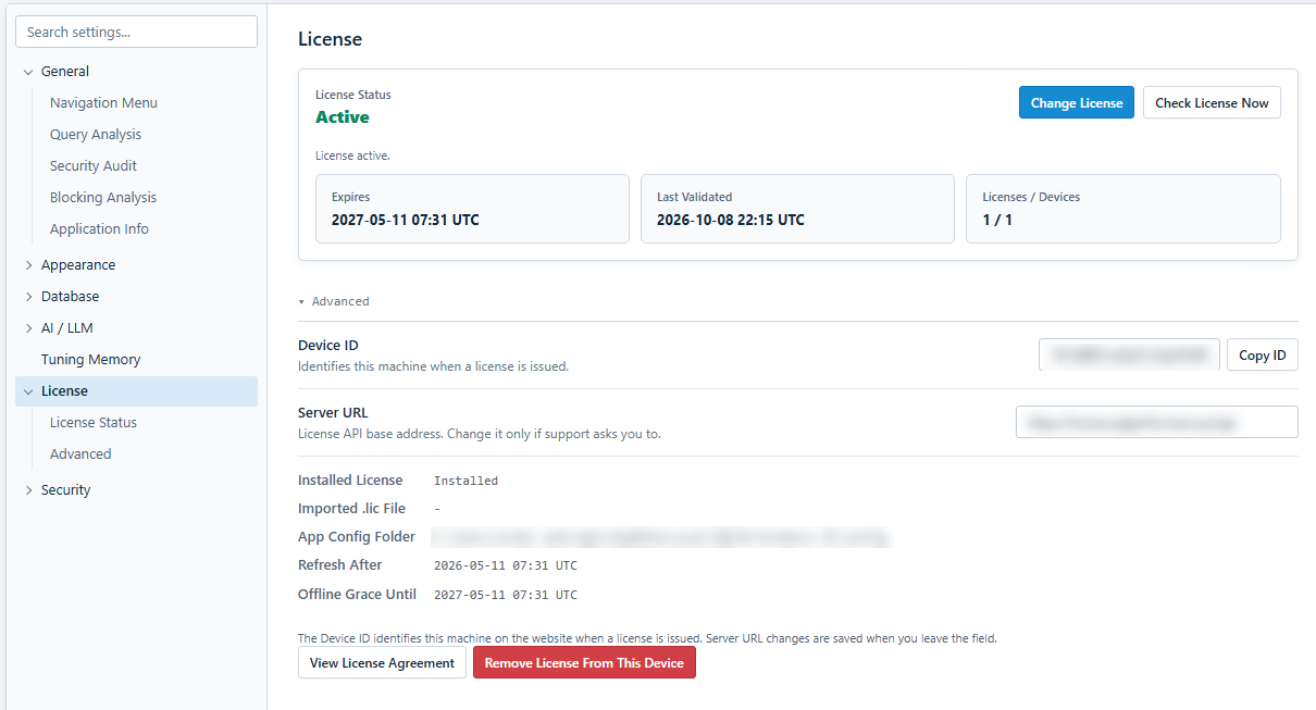 Settings License page showing an active license with expiry, last validated, and device count cards, and the Advanced section with blurred device and folder details