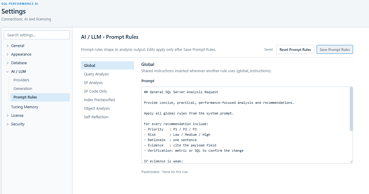 Settings AI / LLM Prompt Rules page with the rule list, the Global prompt editor, and Save and Reset Prompt Rules buttons