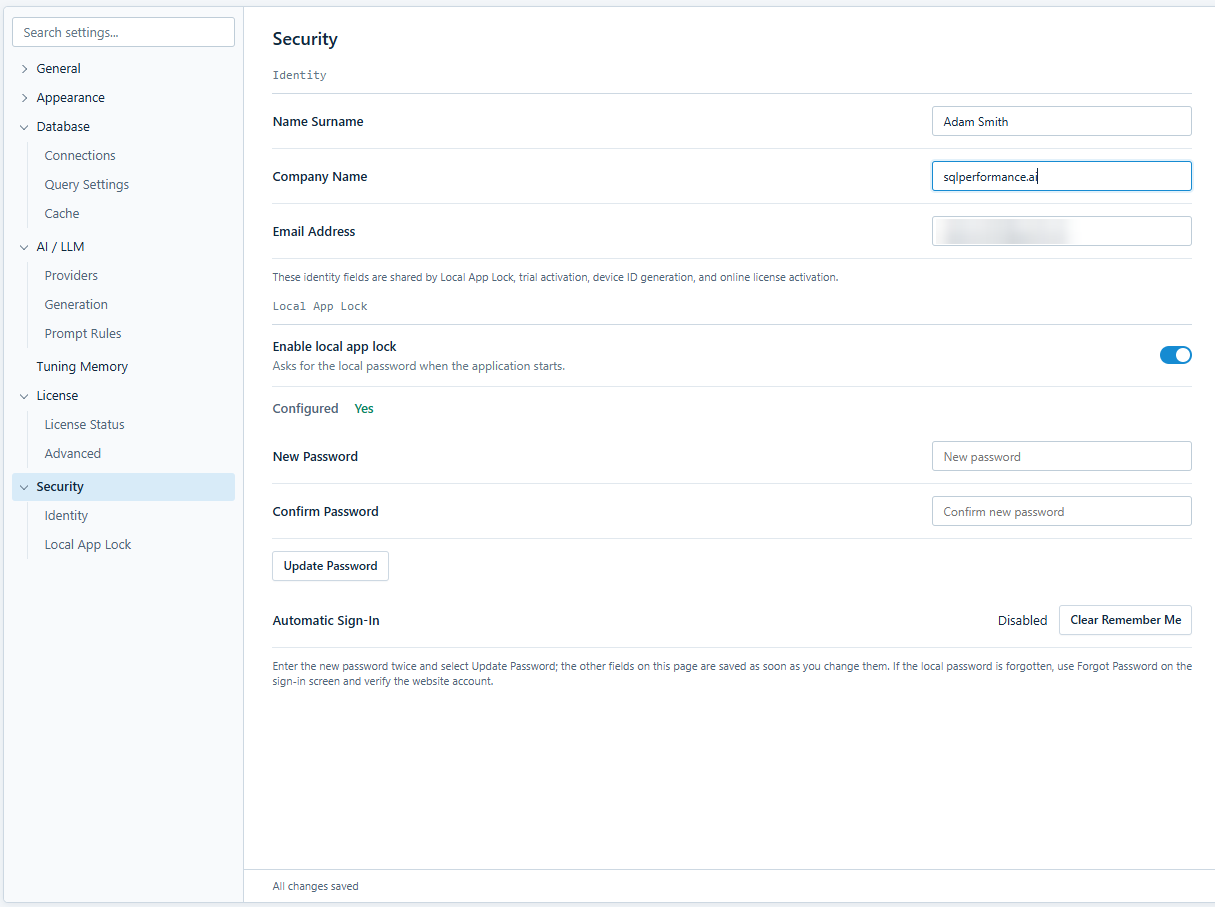 Settings Security page with identity fields, the local app lock switch, password fields, Update Password, and Automatic Sign-In with Clear Remember Me