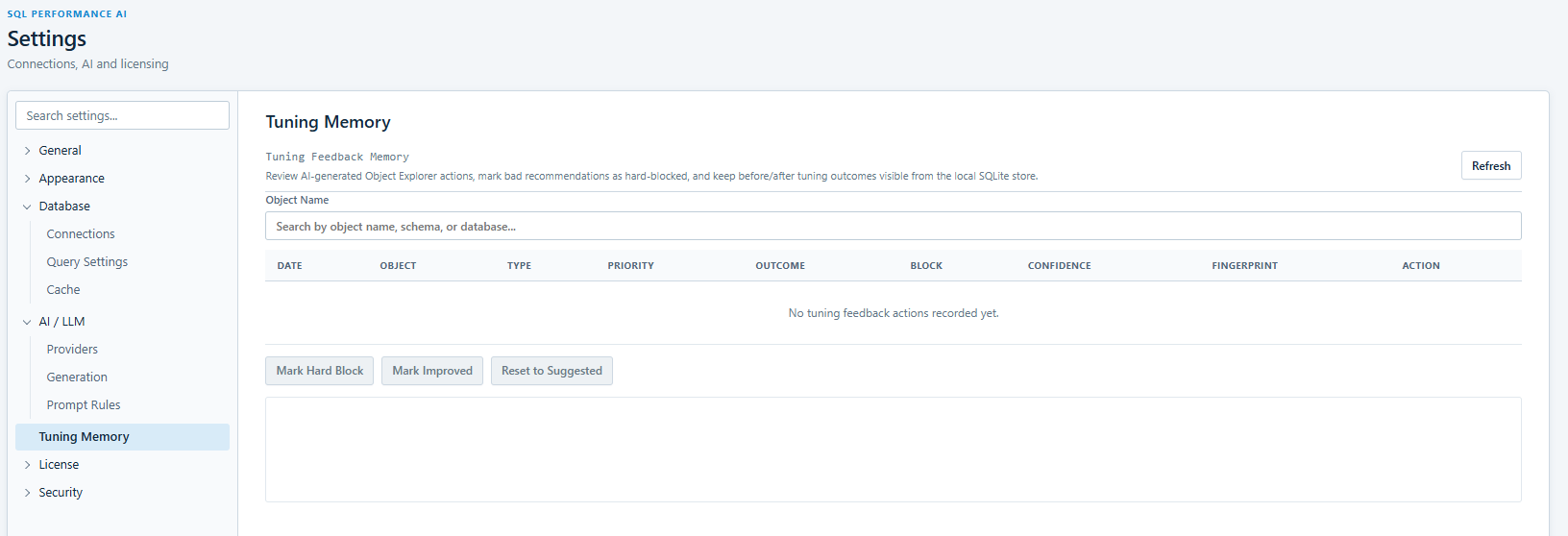 Settings Tuning Memory page with the object name search, the empty tuning feedback table, and the Mark Hard Block, Mark Improved, and Reset to Suggested buttons