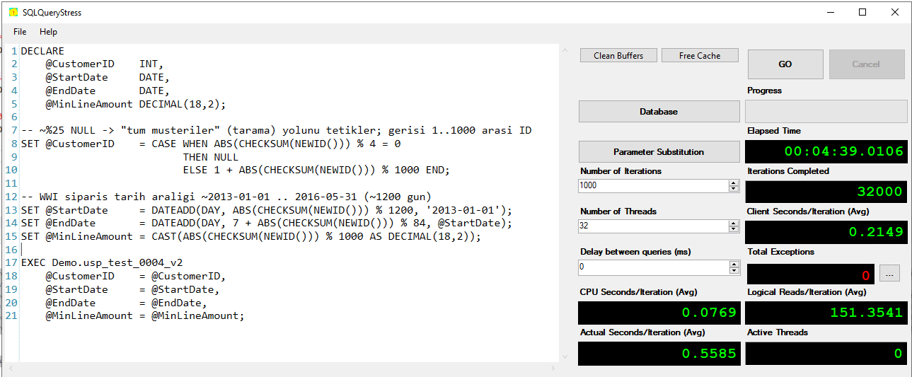 SQLQueryStress window running Demo.usp_test_0004 at 1000 iterations × 32 threads