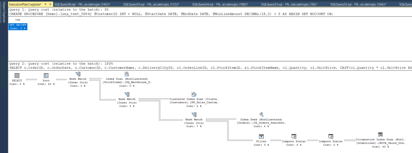 SSMS execution plan showing a columnstore scan, compute scalar, filter, hash joins and a sort