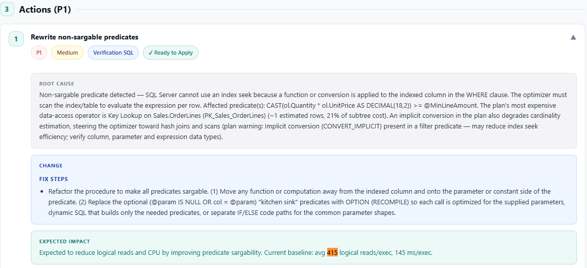 AI Tune actions panel on the OPTION (RECOMPILE) version showing root cause and baseline metrics